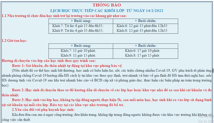 Thông báo-Một số lưu ý khi học sinh đi học trực tiếp